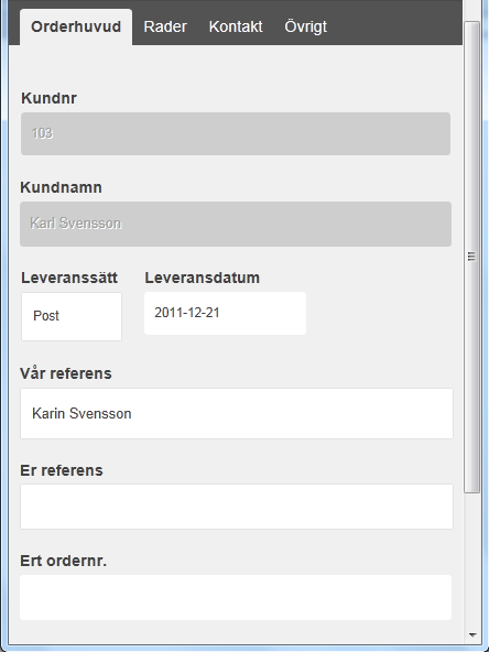 3.2 Orderhuvud Applikationen hämtar kundvärden från Visma.