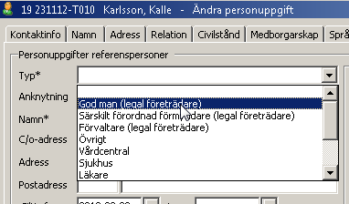 31 (37) Referenspersoner Under fliken Referenspersoner kan olika kontakter registreras. Välj ex God man (legal företrädare).