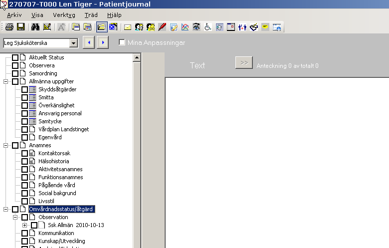 34 (37) Inne i patient journalen måste träd väljas för respektive yrkeskategori, val görs i list Öppna trädet via ikonen öppna träd, stängs med samma ikon Övre delen av trädet är gemensam för all leg
