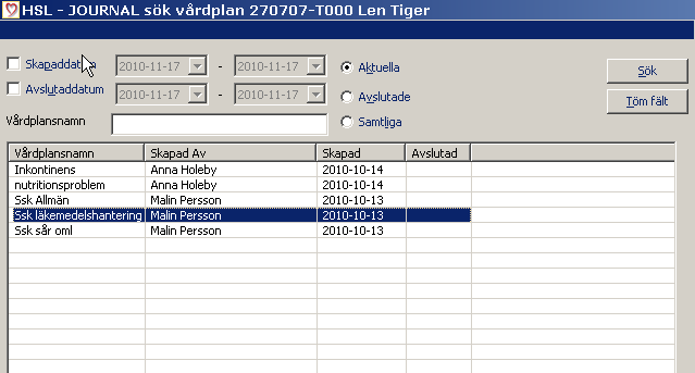 36 (37) Söka vårdplan i patientjournal Klicka på kikaren Klicka på sök (om avslutade
