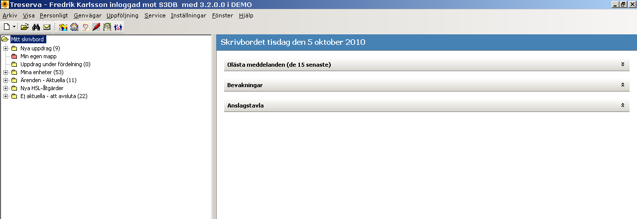 4 (37) Skrivbordet Startbild vid inloggning i Treserva. Skrivbordet består av två delar. Till vänster visas det i treserva så kallade Trädet, där man hittar sina ärenden och egna mappar.