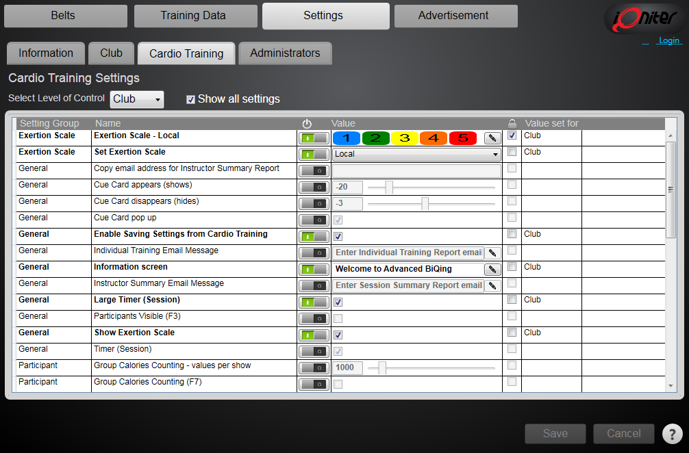 Inställningar Cardio Training (kontroll på dator, klubb eller kedjenivå) Visar alla inställningar eller visar endast inställningar som ändrats från standard Slå på för att ställa in inställning för