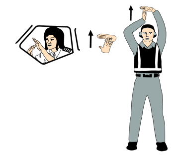 24. Do not touch controls (technical/servicing communication signal) Extend right arm fully above head and close fist or hold wand in horizontal position; left arm remains at side by knee. 25.