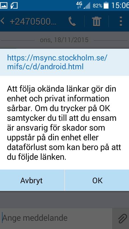 6 7 Tryck på länken i SMS. Tryck på Öppna URL.