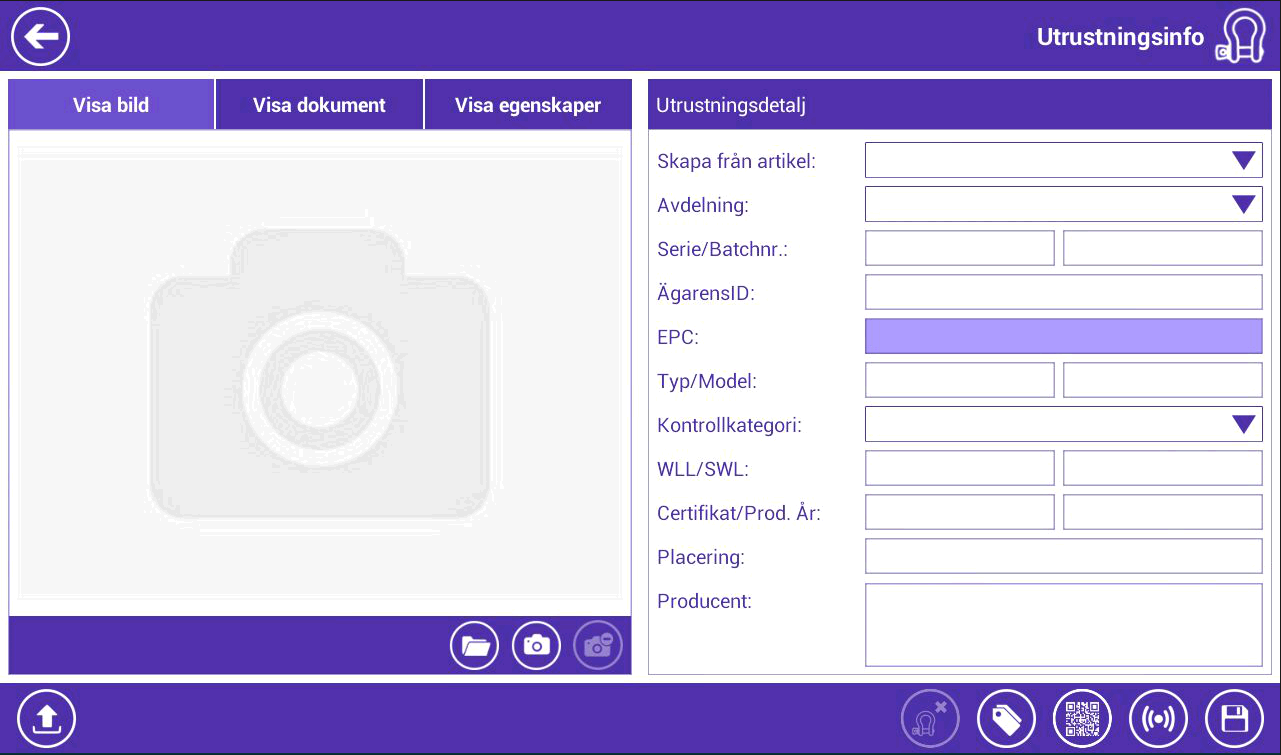 Hantera Utrustning SKAPA UTRUSTNING Klicka på Skapa Utrustning -knappen i nedre vertygsfält. Utrustninginformation visas med alla fält tomma.