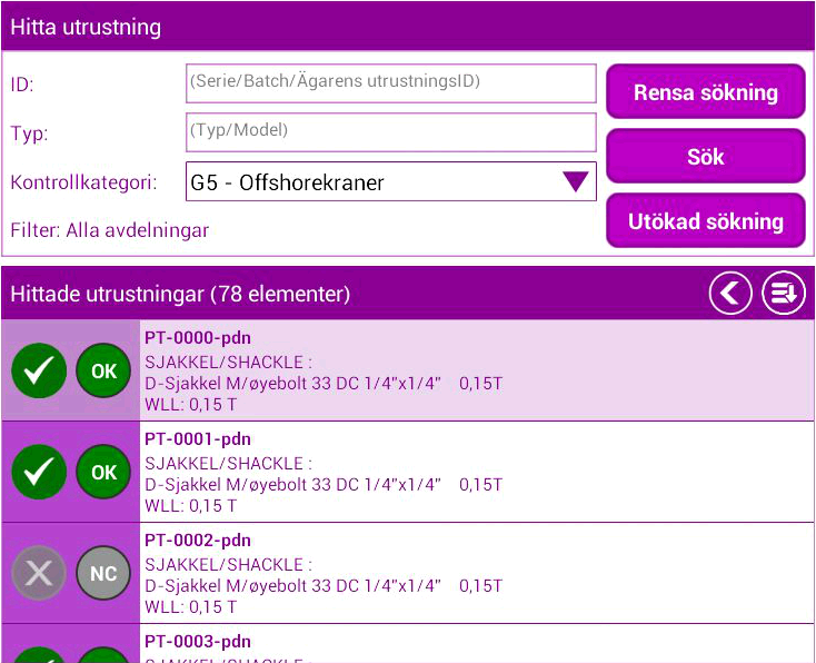 (Se kapitel Sök Utrustning för mer detaljerad