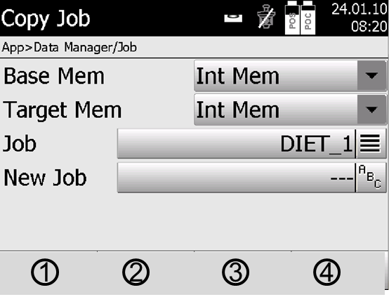 13.2.1 Import-/exporthanterare @ Tillbaka till startdialogrutan för Datamanager ; Alternativ med import av data = Alternativ med export av data % Bekräftelse av datakopiering till internminne 13.2.1.1 Import av punkter Med detta alternativ läses data från anslutet USB-minne direkt in i valt projekt.