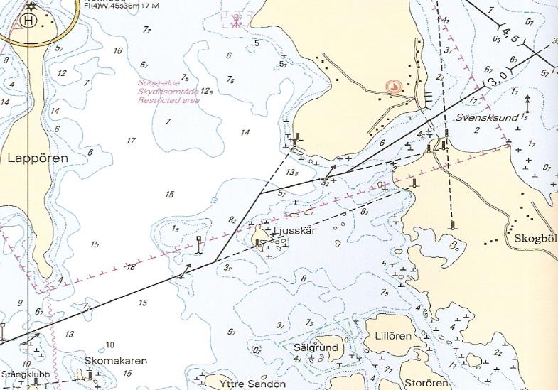 Uppgift 3. Du befinner dig i 3,0m farleden sydväst om Lappören på väg mot nordost längs ifrågavarande farled. Kl. 14.30 är Lappörens sydspets tvärs. Du fortsätter färden längs den utprickade farleden.