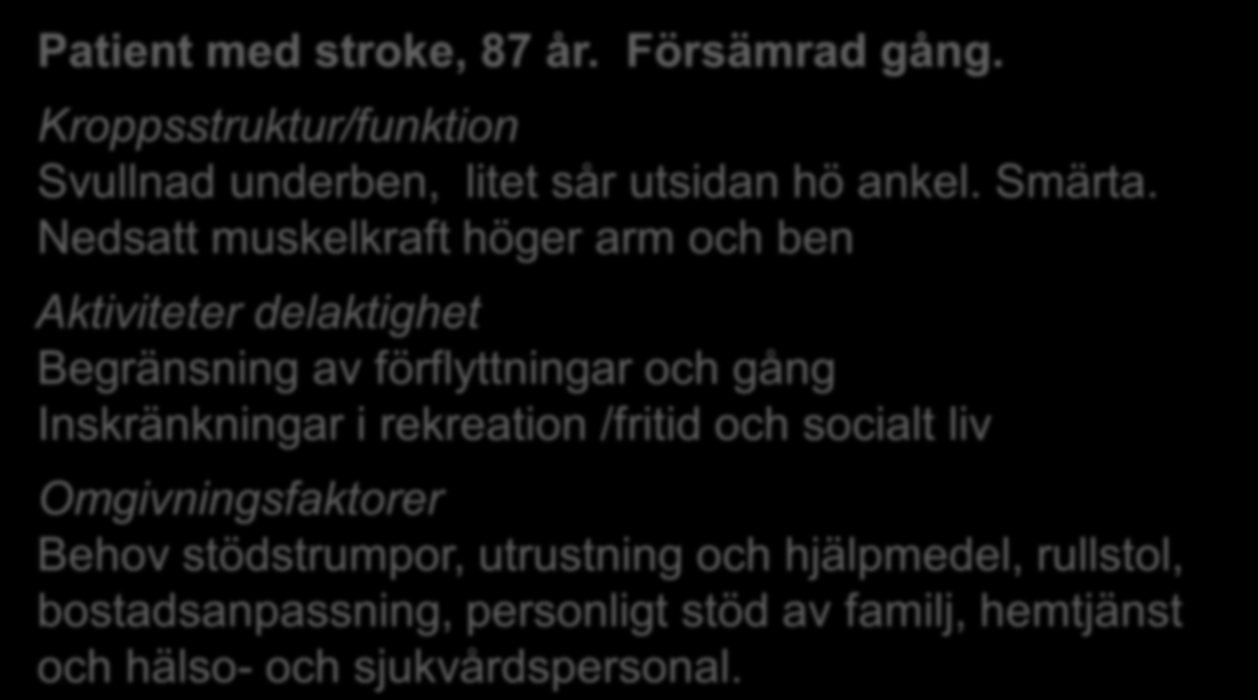 Ett patientexempel: Samordning av insatser och dokumentation Patient med stroke, 87 år. Försämrad gång. Kroppsstruktur/funktion Svullnad underben, litet sår utsidan hö ankel. Smärta.