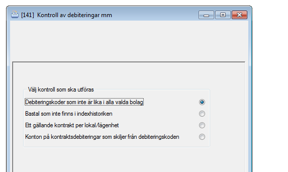 KONTROLL AV DEBITERINGAR MM Rapporten Kontroll av debiteringar mm visar: Debiteringskoder som inte har samma namn eller samma kontering i alla bolag.