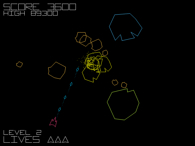 Uppgift 7. Asteroids är ett av de först välkända datorspelen, se bild. I spelet manövrerar en spelare ett rymdskepp. I rymden rör sig hela tiden asteroider.