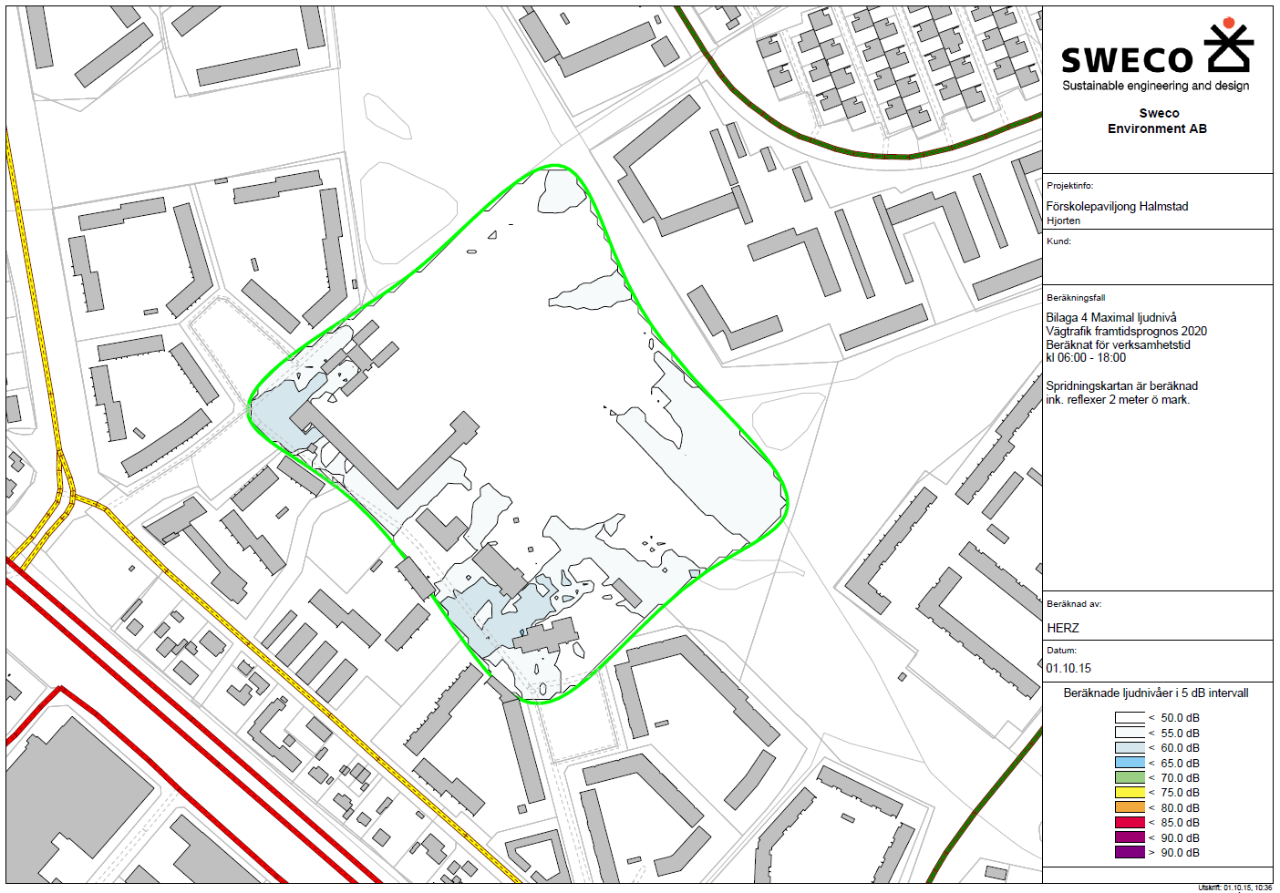 Figur 7: Beräknad maximal ljudnivå över området 2020.