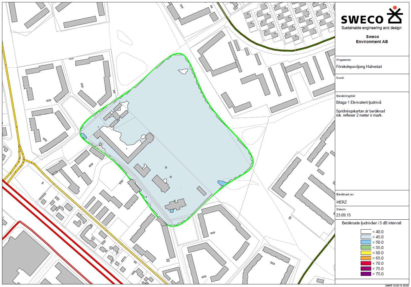 5.2 Trafikbullerberäkning Nedan redovisas ljudspridningskartor med ekvivalenta och maximala ljudnivåer för 2015 samt 2020. Beräkningarna är gjorda för tiden 06:00 18:00 måndag till fredag.