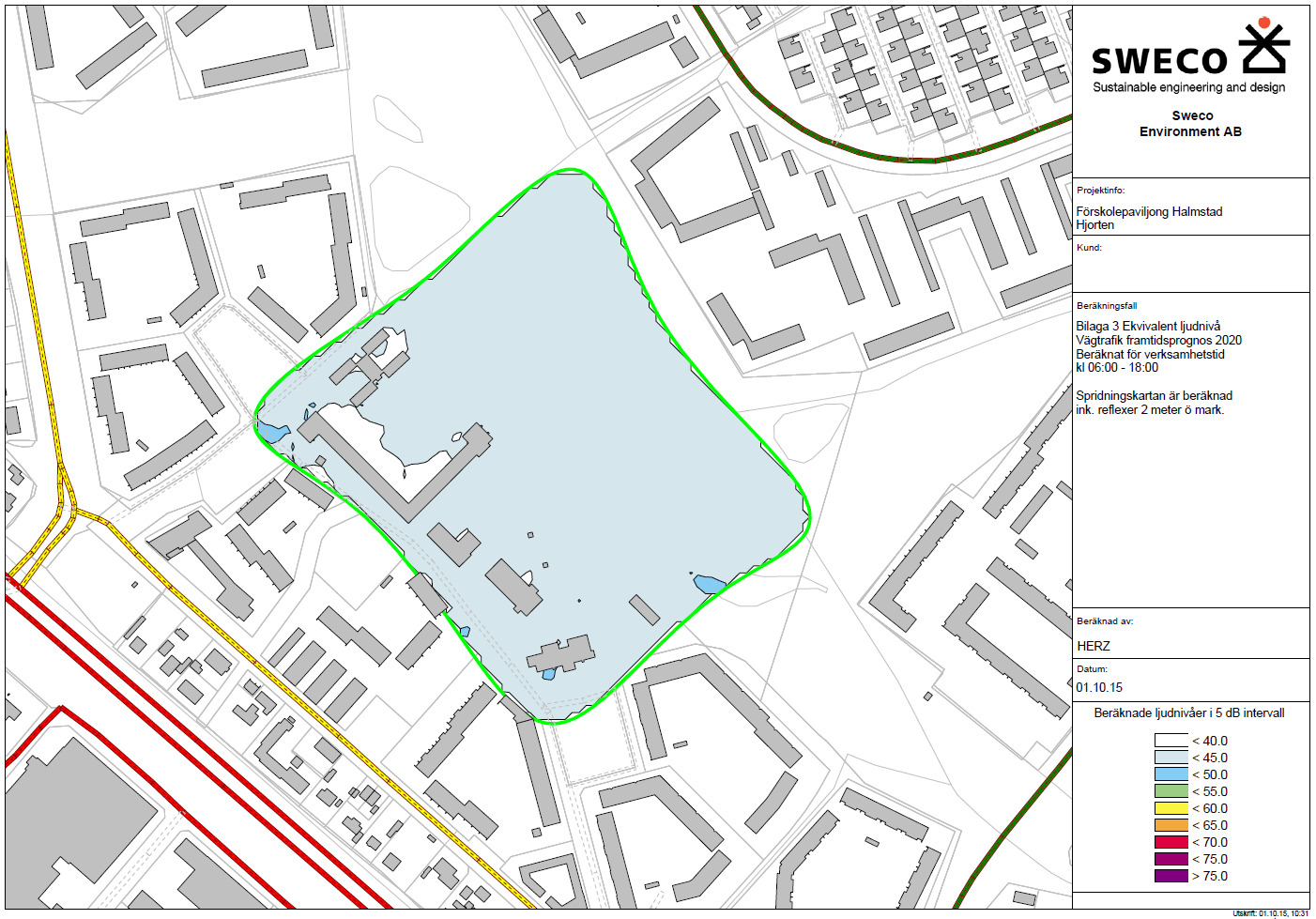 Figur 5: Beräknad maximal ljudnivå över området 2015.