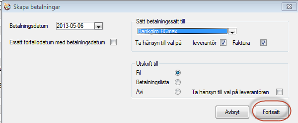 Leverantörsbetalningar 2014.Q4 - I momentet skapa betalningar skapar programmet betalningsposter för de fakturor som är aktuella för betalning enligt betalningsförslaget.