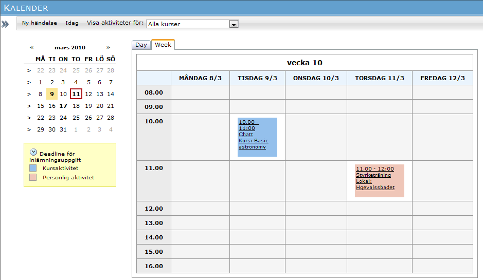 7. Kalender I kalendern får du en överblick över schemalagda kursaktiviteter samt dina egna personliga aktiviteter. Verktygsfältet innehåller funktioner för att hantera kalendern.