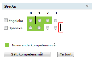 Det svarta strecket markerar den kompetensnivå som medarbetaren förvändas ha.