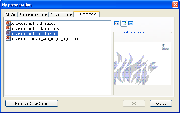 9 (11) Använda mallarna i PowerPoint 2003 Du hittar mallarna i PowerPoint 2003 genom att välja Arkiv Nytt högst uppe i vänstra hörnet av PowerPoint. Starta mallarna genom Arkiv Nytt 1.