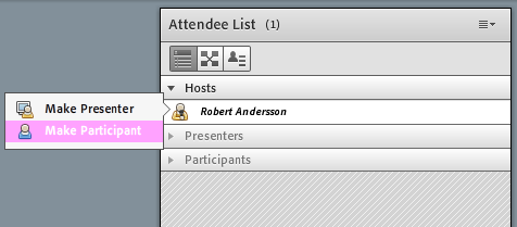 Ändra behörighet Är man Host () så kommer andra deltagare som inte har denna behörighet att dyka upp under kategorin Presenters.