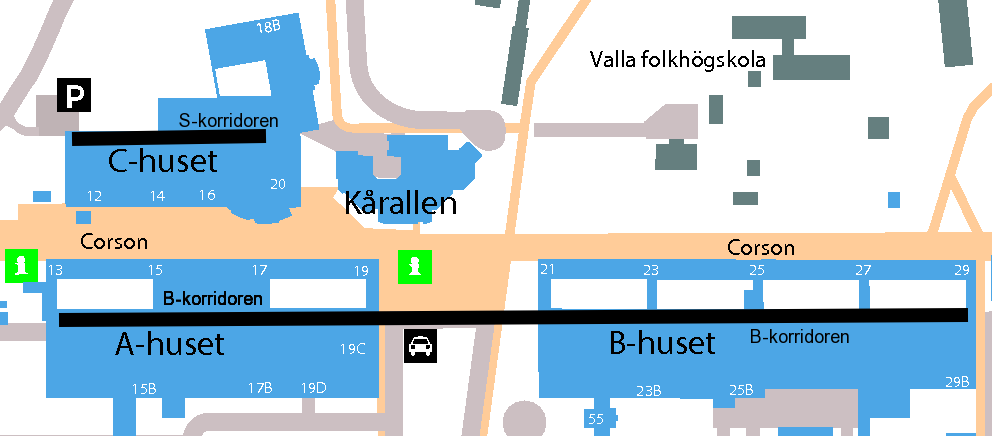 Uppgift 2 De äldre husen på camups Valla (A,B,C) har ett väldigt logiskt sätt att namnge sina salar. Alla husen är uppbyggda med korridorer som går i ett rutmönster.