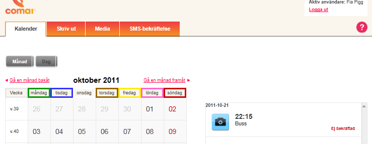5 Lägga in påminnelse i webbkalendern 5.1 Månadsvy När eleven lägger in en påminnelse så markeras önskat datum. Dagens datum är orangemarkerat och den dag man markerar är blå.