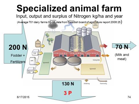 På djurgårdarna uppstår även fosforöverskott (P) när mer köps in med foder (från växtodlingsgårdarna och genom import) än vad som bortförs med försålda produkter.