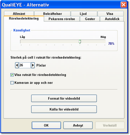 20 2.4.4 QualiEYE - USER MANUAL Rörelsedetektering Pekarens rörelser kan ställas in för att lättare kunna kontrollera dessa.