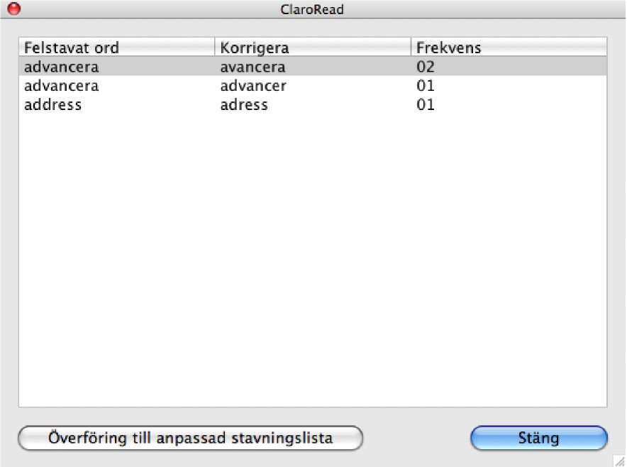 Från rapporten kan du välja markera ett val och klicka på 'Överföring till anpassad stavningslista' knappen för att lägga till det.