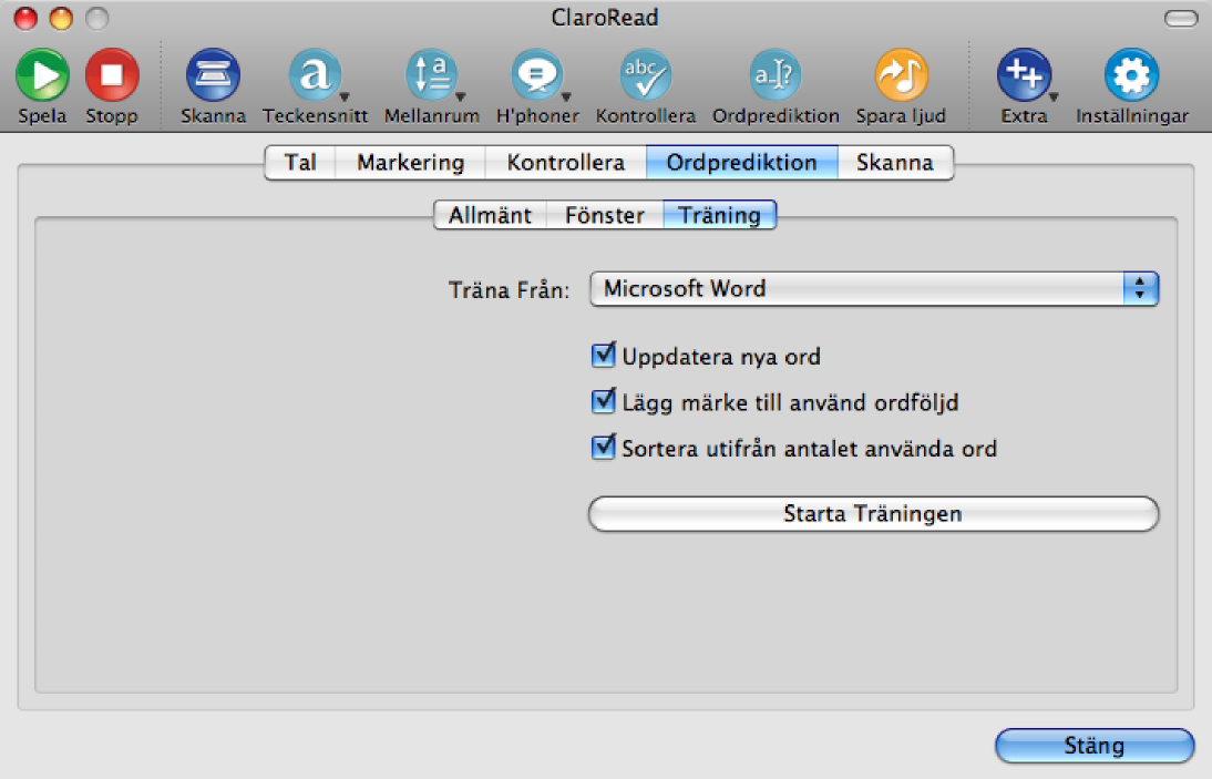 Från dialogen ovanför kan du träna den aktuella prediktionen i ClaroRead Plus. Träna prediktionen 1. Välj varifrån du vill träna prediktionen: Microsoft Word eller Urklipp. 2.