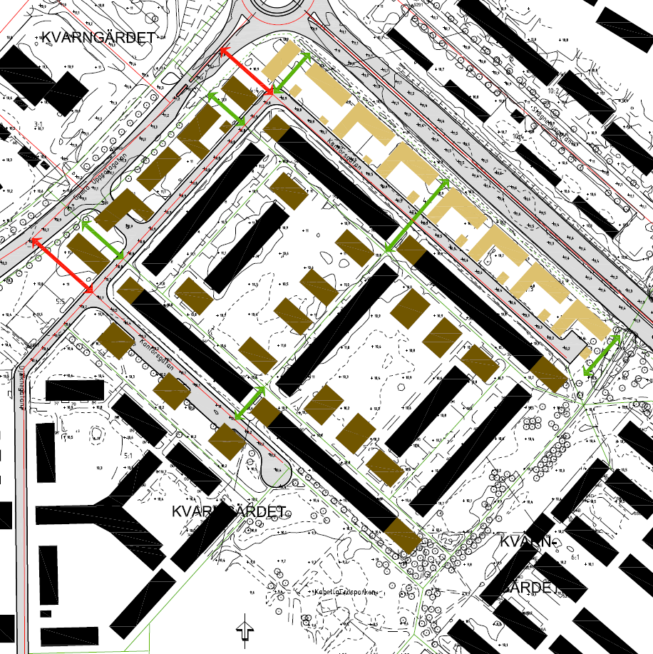 PÅVERKAN Illustration som visar sökandens förslag till ny bebyggelse. Nya byggnader är ritade med brun färg och befintlig bebyggelse är markerad med svart.