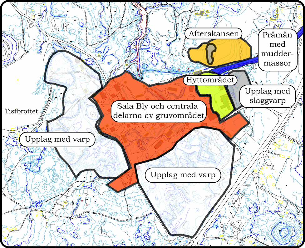 Figur 4 Översiktlig redovisning av större områden utfyllda med restprodukter från gruvverksamheten samt metallförorenad ytjord, sediment i Pråmån samt muddermassor längs Pråmån.