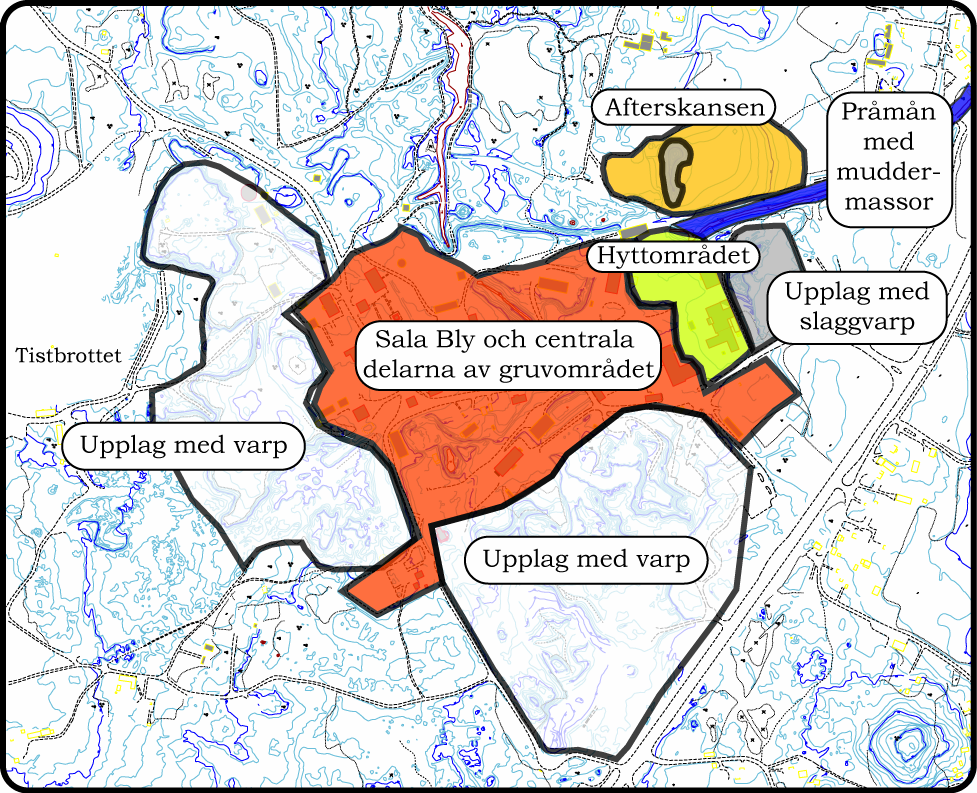 Figur 62 Delområdesindelning för Sala silvergruva och Pråmån. Som ett verktyg för riskbedömningen används även kvantifieringar av massflödena för de aktuella föroreningselementen ( massbalans ).