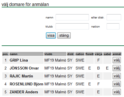 Välj aktuell domare från den egna klubben med