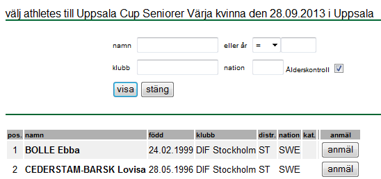 5. När du har hittat den tävling du ska anmäla till klickar du på "visa deltävlingar". Då visas alla de olika klasserna du kan anmäla till. Välj tävlingsklass genom att klicka på "anmäl". 6.