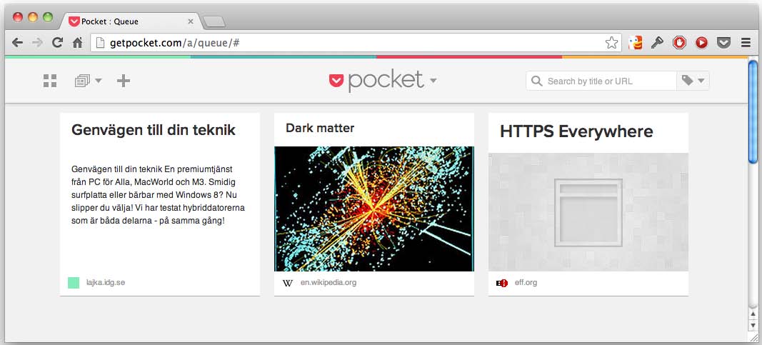 Läs artiklarna lite senare Pocket är en tilläggsmodul som snappar upp alla artiklar och webbsidor som du känner är