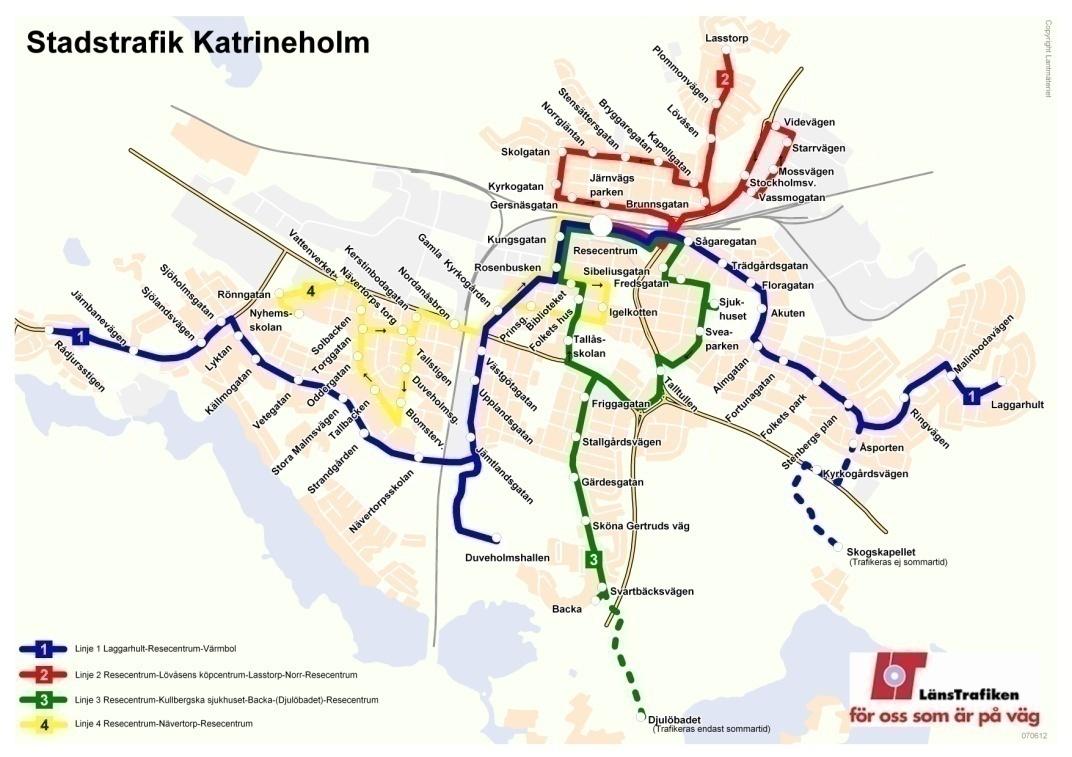 Linjenät, stadstrafik i Katrineholms kommun Under 2010 gjordes totalt ca 580 000 påstigningar med buss inom Katrineholms kommun. År 2007 var motsvarande siffra ca 666 000 påstigningar.