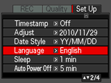 Specificering av skärmspråk (Language) Atgärder [MENU] * Fliken Inst. * Language. Välj önskat skärmspråk. 1Välj fliken längst till höger. 2Välj Language. 3Välj önskat språk.