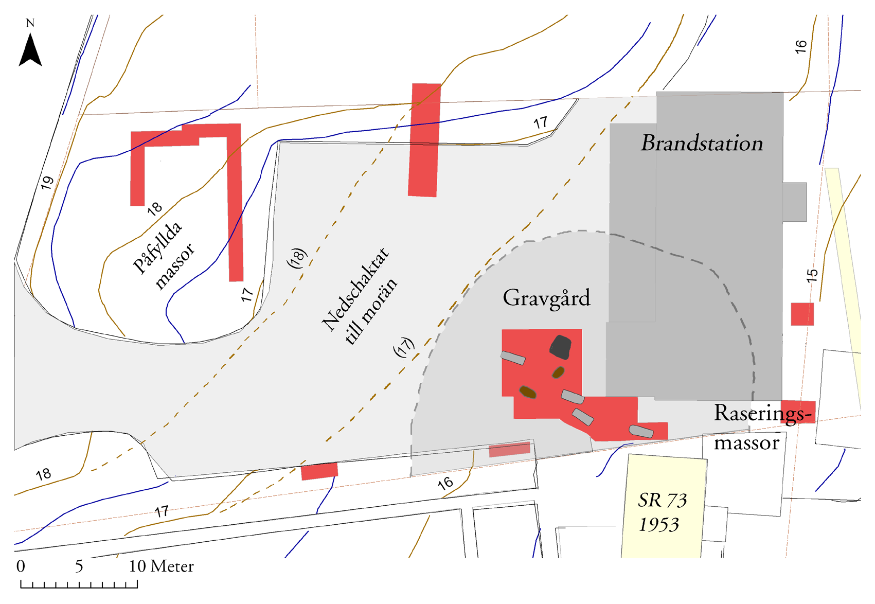 Figur 7 Undersökningsresultat samt tolkning av gravgårdens utbredning,