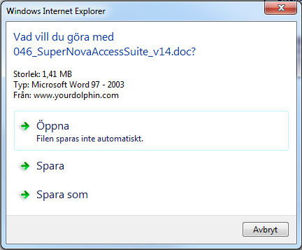 Bild 12: Dialogrutan Öppna/spara fil i Internet Explorer Alternativ 2 Om filen du laddat ned öppnas i Internet Explorer kan du prova följande arbetssätt: 1.