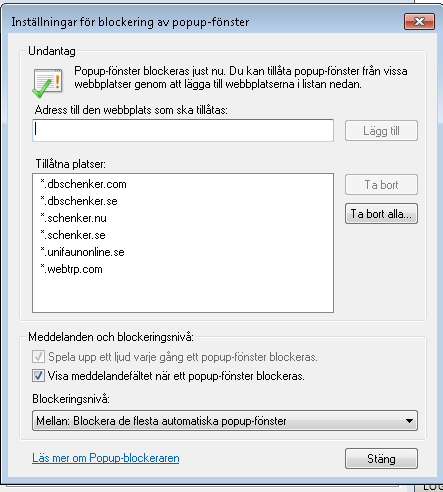 Internet Explorer 9 - popup-fönster Lägg till följande platser som godkända för