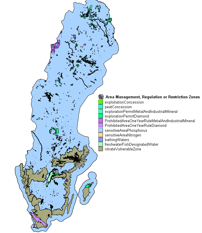 Figur 18: Datamängder sammanslagna till objekttypen Management Regulation Or Restriction- Zones Collection för temat Områden med särskilda restriktioner.