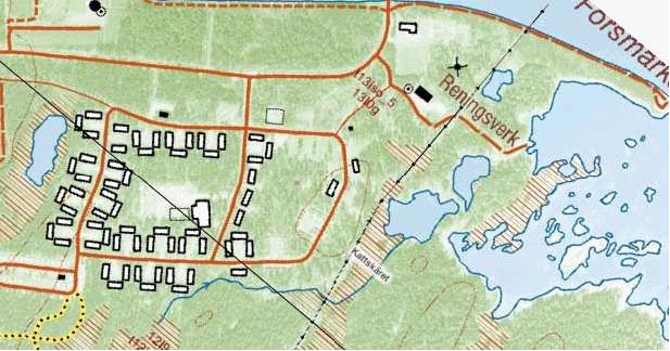 Idag Planerat område Figur 4 2. Slutförvarsområdet i Forsmark. Ventilationstorn (byggt över schaktet) vid röd pil. Bergupplag vid blå pil.