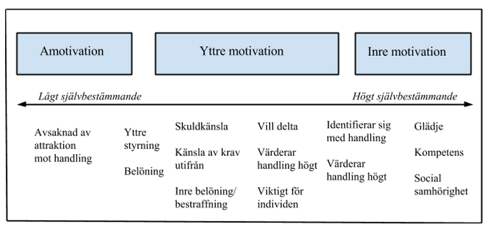 3.2 Motivation 3.2.1 Self determination theory Self determination theory (SDT), är en motivationsteori vilken menar att människan har tre grundläggande behov för att en dragning mot en uppgift skall