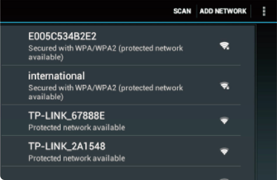 Internetanslutning Trådlös Internetanslutning 1. 2. Tryck på symbolen Settings. inställningen och för den till On-läget. Leta upp Wi-Fi 3. Välj ett nätverk från listan över tillgängliga nätverk.