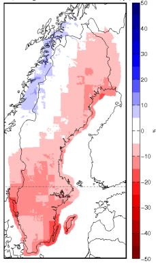 till 2069-2098 för EC-Earth nedskalad av tre regionala klimatmodeller som sedan bearbetats med