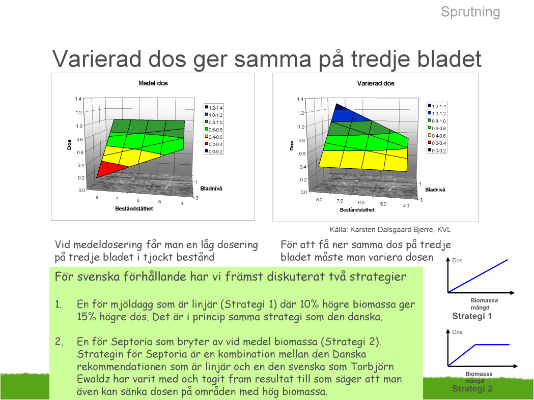 Diagram förklaring Y-axel Dos 1,0 = 100% eller medeldos, 0,2 = 20% dos av medeldos X-axel Beståndståthet = Biomassa, 8,0 = tätgröda, 4,0 = glesgröda Z-axel Bladnivå 0= övergrödan därefter första