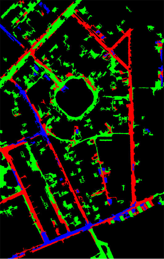 Figur 17. Vägnätverk i staden Zeebrügge, klassificerad i tre typer av material visade i olika färger.