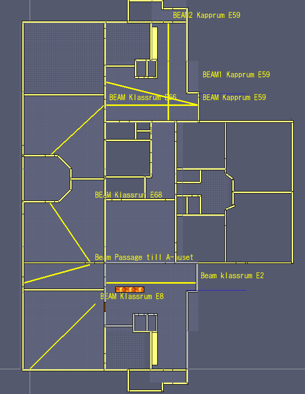 Beräkning - Linjerökmätare/Byggnad E För översiktsbild av placeringen av linjerökmätare, se Figur B6-1. Figur B6-1 Översiktsbild över utsatta linjerökmätare i byggnad E.