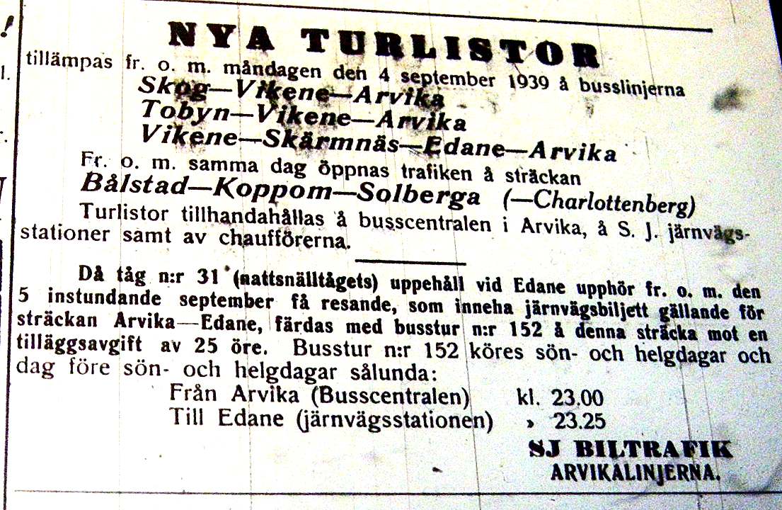 AN 19390901. Buss tillverkad vid Arvika karosserifabrik på trettiotalet. Bild ur katalog. Trafiken i SJ:s regi inleddes den 15 maj på en del linjer.