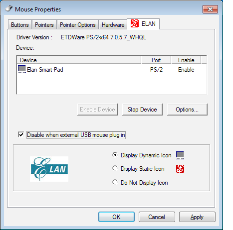 2. Klicka på ELAN överst och klicka i kontrollrutan avaktivera när extern USB-mus